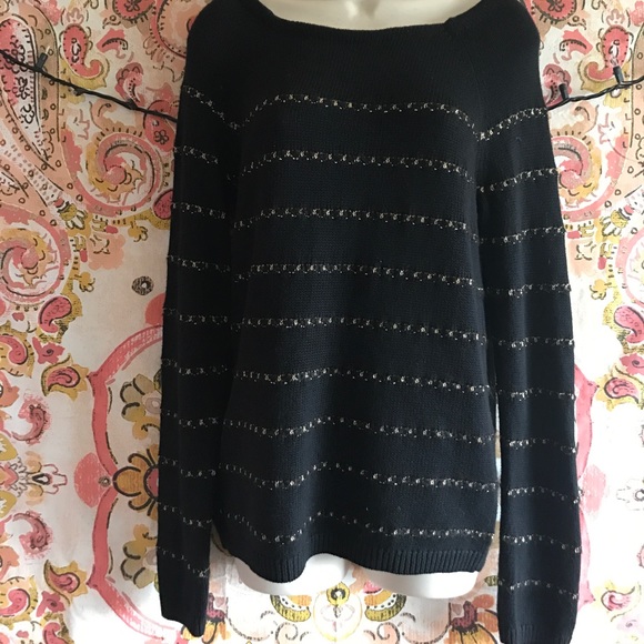 Loft Black Boatneck Sweater W/ Gold Stripe - Picture 2 of 7